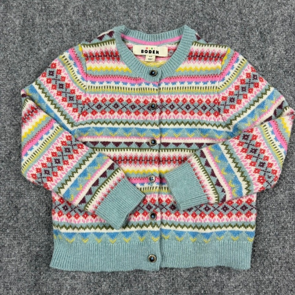 Mini Boden Cardigan Kids 4-5Y Blue Fair Isle Knit Button Up Sweater Long Sleeve